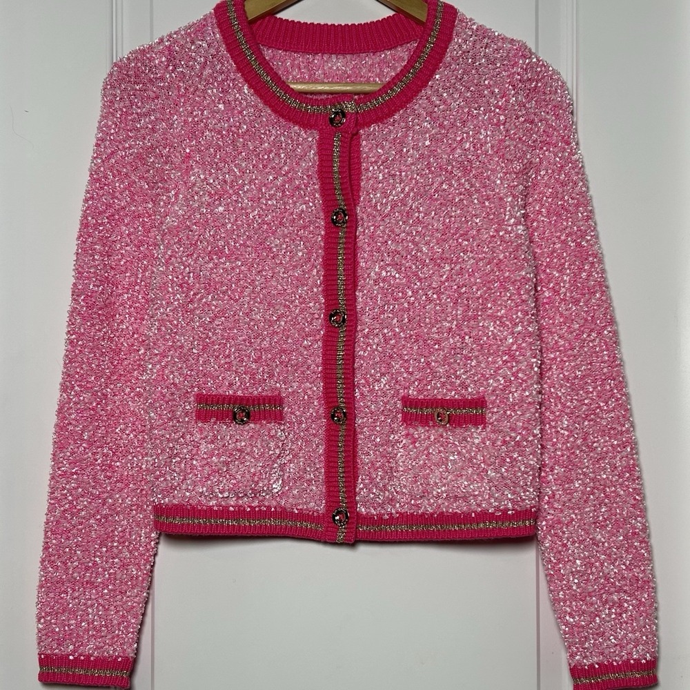 Lilly Pulitzer Pink Isle Textured Marl Gold Button Kemsley Boucle Knit Cardigan